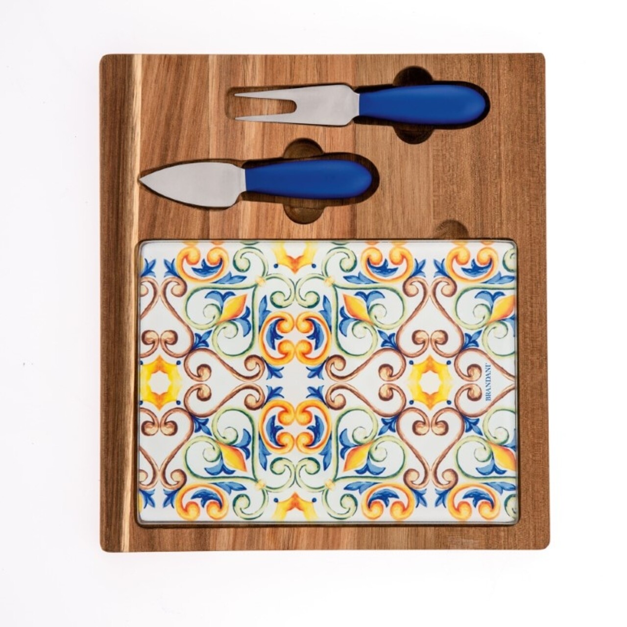 Set 2 cutite si tocator pentru branzeturi, Medicea, Brandani, 23x26 cm, lemn de salcam/sticla/inox - imagine 4